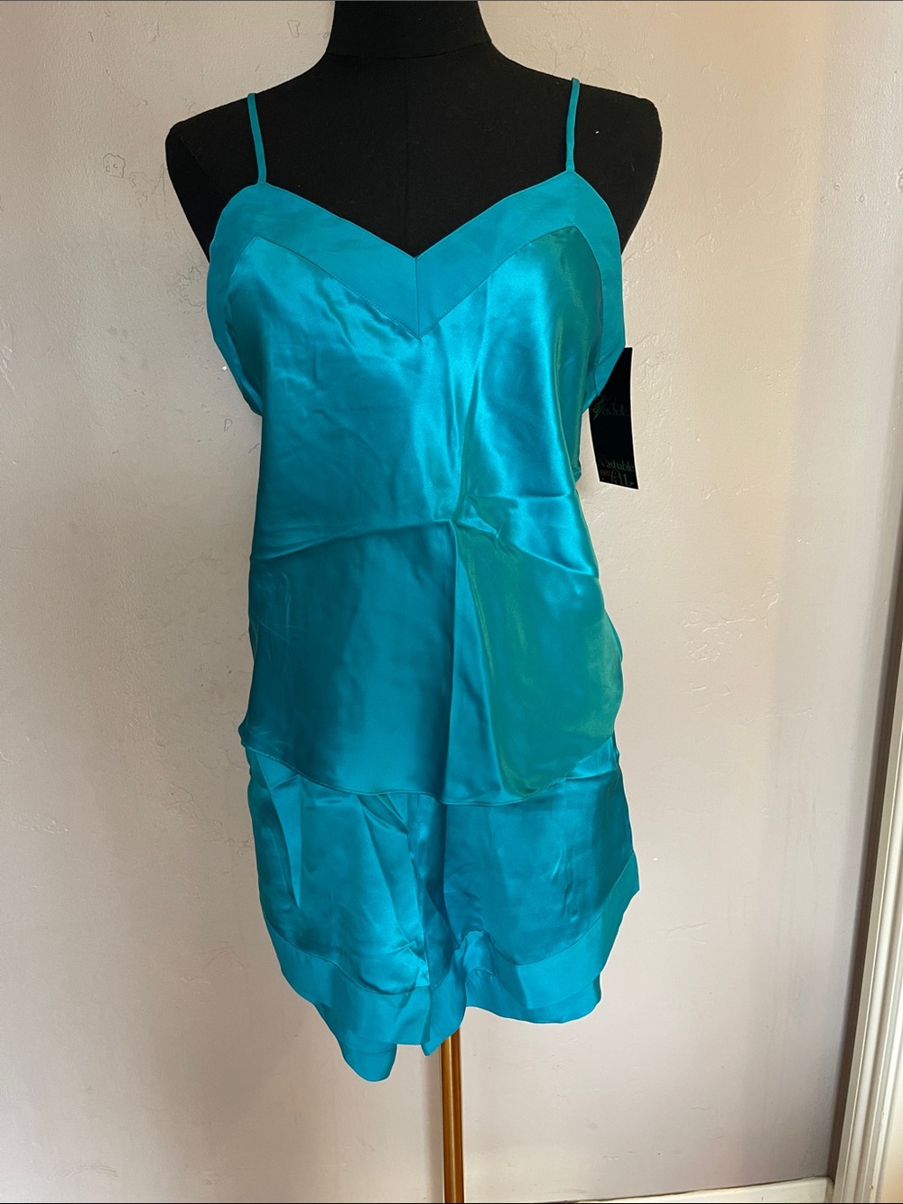 Vintage Venchelle 100% Pure Silk 2-Piece Short Cami Pajama Set Aqua Teal XS